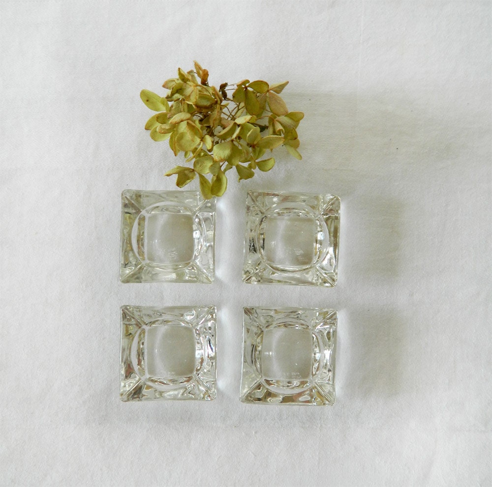 Crystal Salt Dips or Cellars - Square - Matching - Set of Four