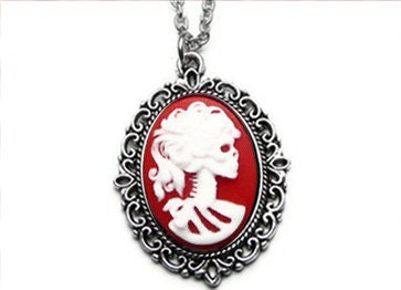 Day Of The Dead  Necklace, Skeleton Cameo Pendant, Skull, Gothic, Lady, White & Cherry Red