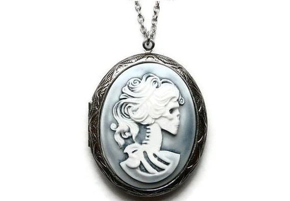 Hazy Grey Ghost Lolita Skeleton Large Locket, Cameo Pendant, Skull, Gothic, Lady