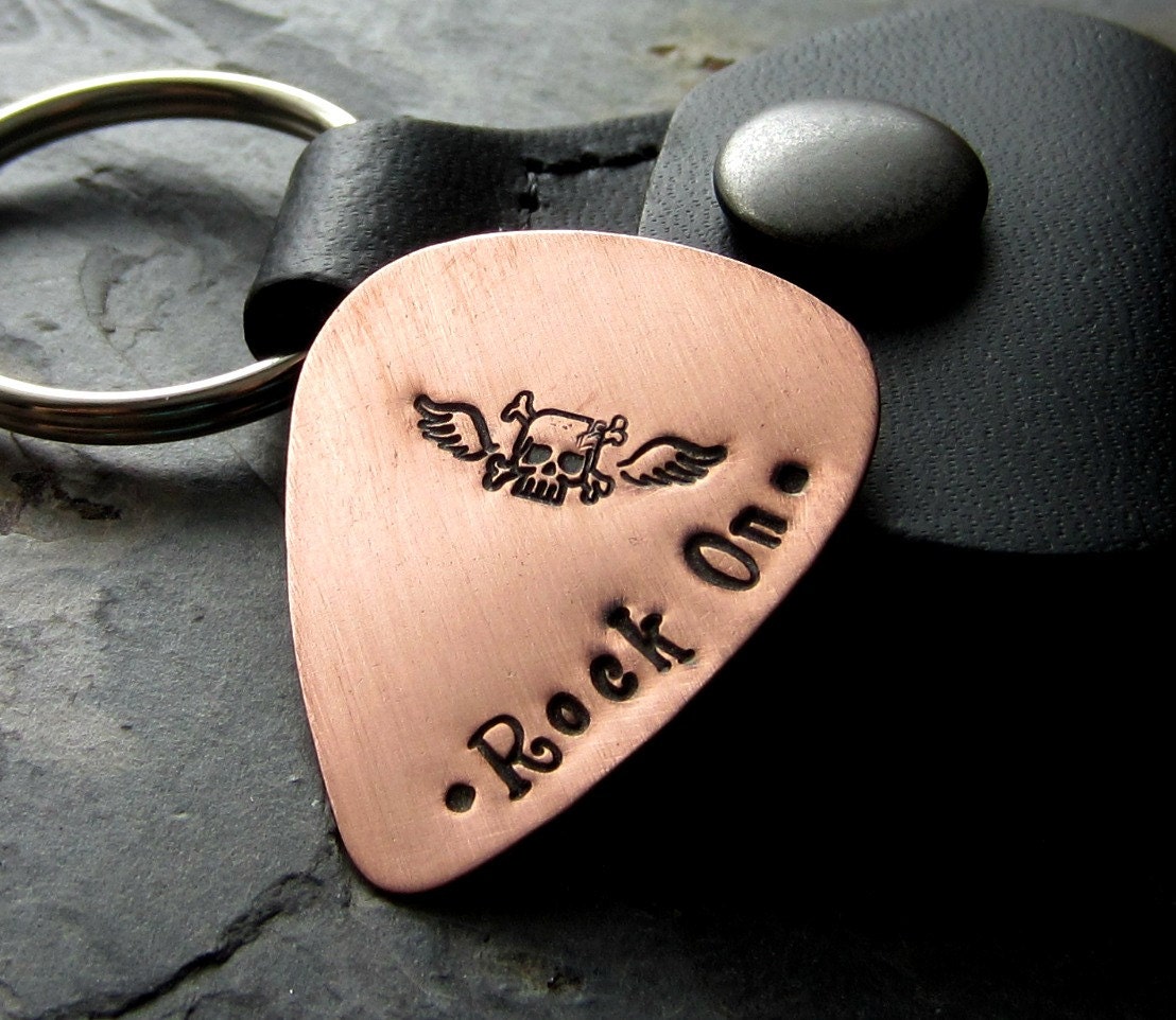 Hand Stamped Guitar Pick with Leather Case Key Chain - Father's Day Gift - Music Lover-Rock Star