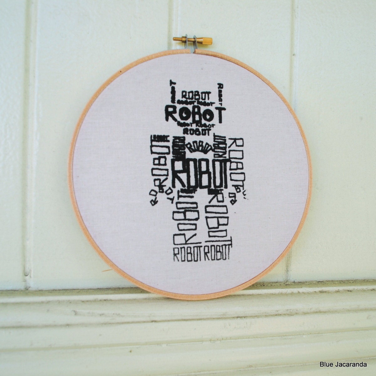 Robot Word Art - Screen Print Black on White - Stretched in Hoop