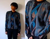 Vtg Bold Abstract Print Blue Black Grey Knitted Grandpa Sweater