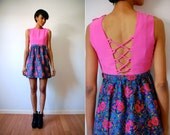 Vtg Corset Back Neon Pink Floral Belted Mini Retro Dress