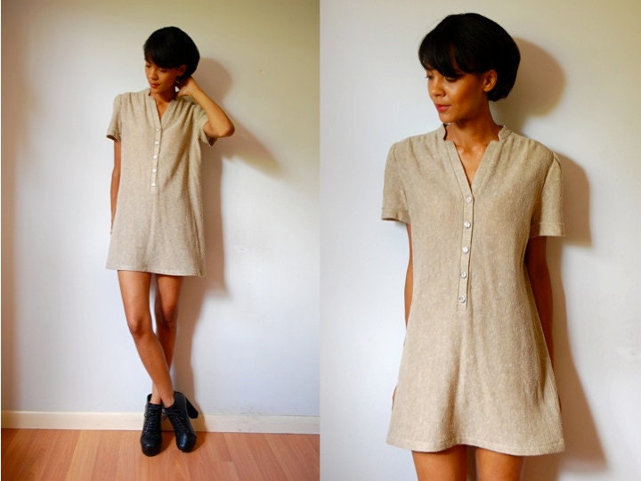 Vtg Burlap SS Button Down Khaki Dress