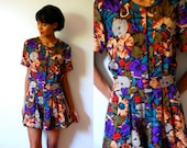 Vtg One Piece Tropical Floral Print Khaki Purple SS Romper