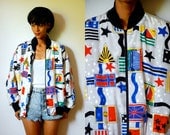Vtg Bold Stars & Stamps Flags Printed Zip Up Bomber Jacket