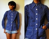 Vtg Polka Dots White Blue Button Down Collar Shirt w Pockets