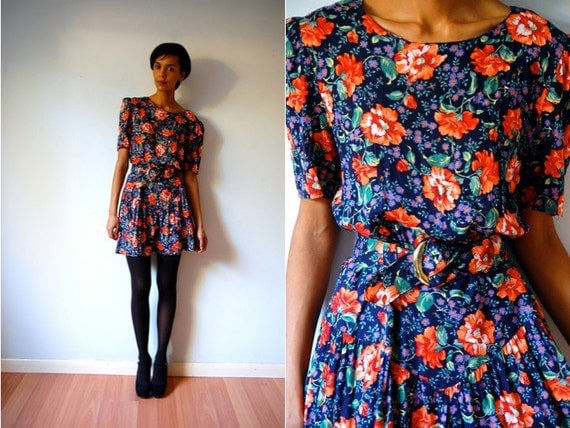 RESERVED Vtg Retro Orange Floral Printed Navy Belted Dress