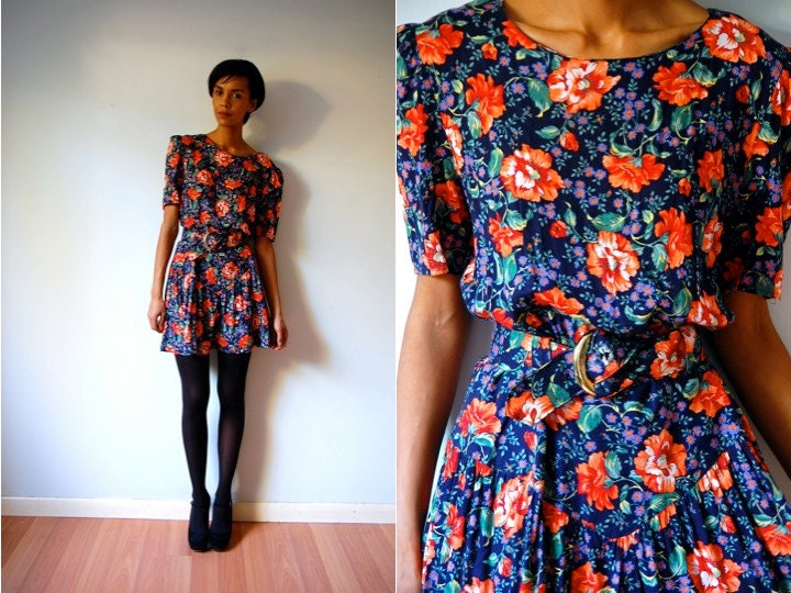 RESERVED Vtg Retro Orange Floral Printed Navy Belted Dress