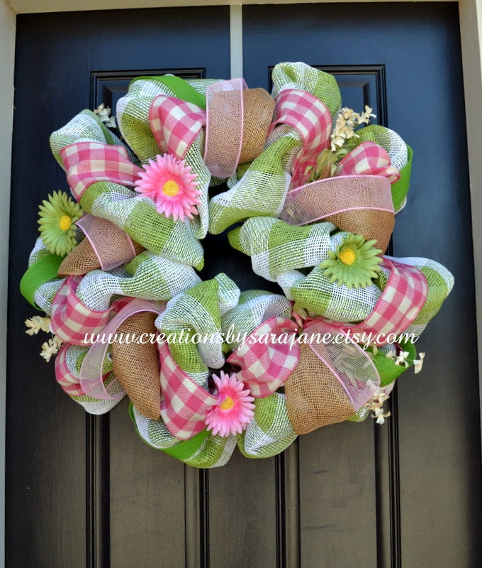Spring Mesh Wreath with Burlap and Daisies - Spring Wreath - Green and Pink Spring Wreath