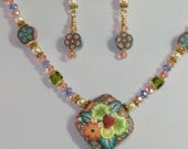 Fruit Delight polymer pendant necklace and earring set, crystals, flowers, lemon and strawberry necklace and earrings
