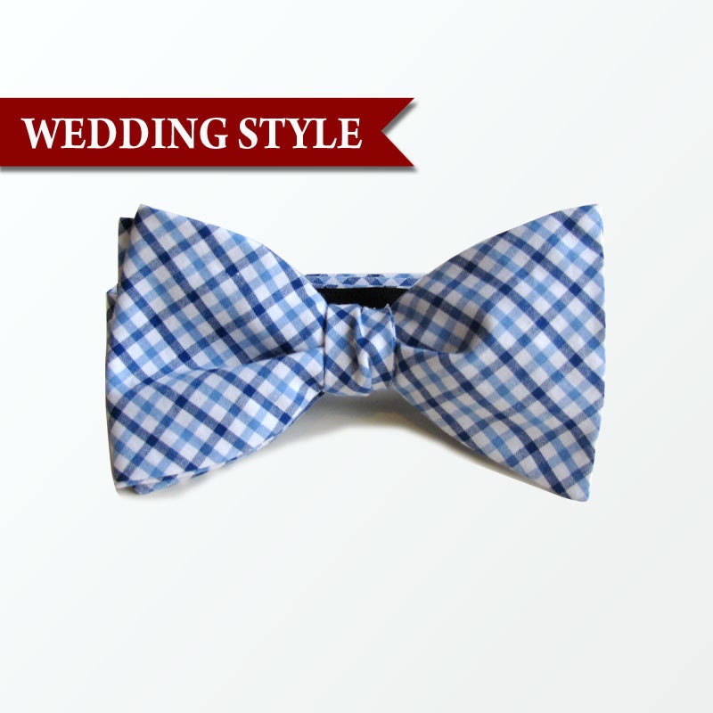 Men's Bow Tie, Blue Gingham Check  Cotton Self Bow Tie For Men, Wedding and Gift / READY TO SHIP