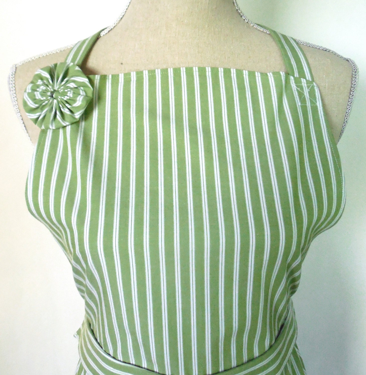 Upcycled Womens' Apron, Sage Green and White Striped, Made from Men's Dress Shirt, Mother's Day