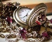 Amethyst Glass Cabochon Pocket Watch Necklace Pendant - Swarovski CrystalsPearls - Vintage Style Victorian Locket Jewelry