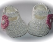 Crochet baby shoes white baby girl mary janes shoes slippers pink flower newborn 0-3 3-6 baby girl gift