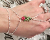 Red Rose Slave Bracelet Ring. Hand painted Crimson Red Rose w Non Chip Clear Coat finish. Silver metal chain. Custom Sized
