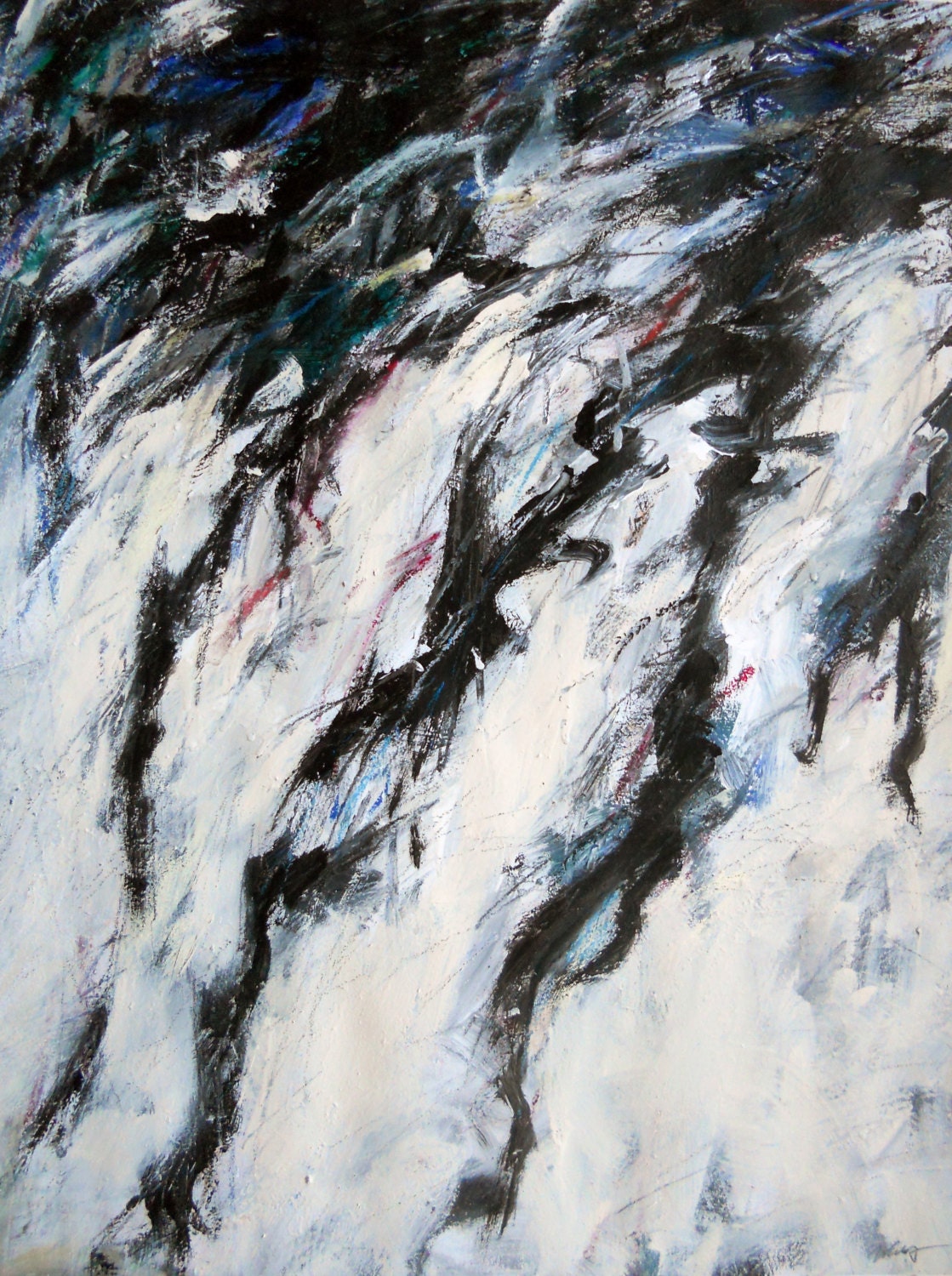 Untitled, 5-23-13, (abstract painting, black, white, cream, blue, purple, green)
