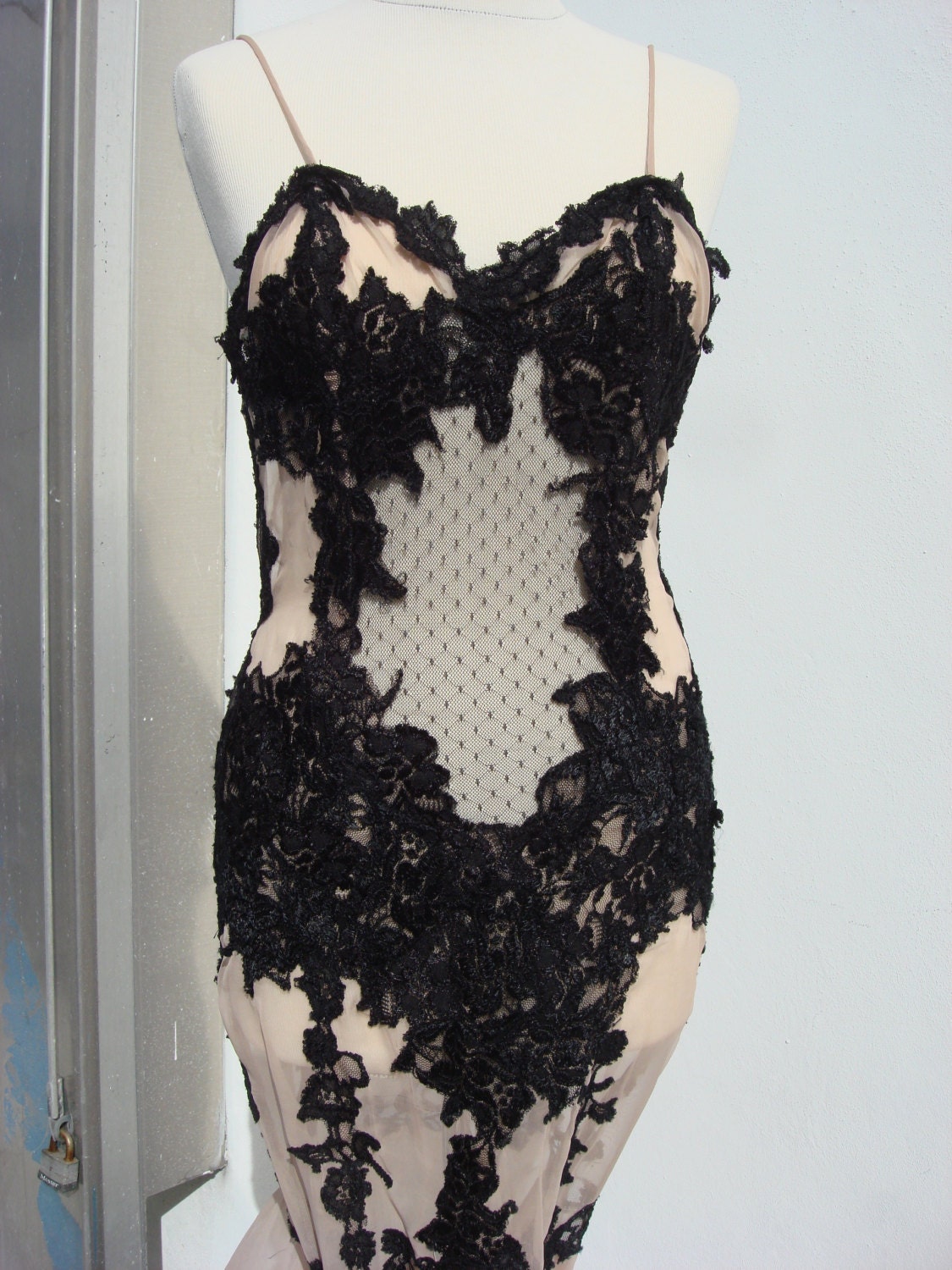 Vintage evening gown,black lace and skin color fabric.Couture