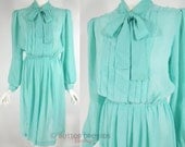 70s Aqua Blue Green Shirtwaist Day Dress - med, lg