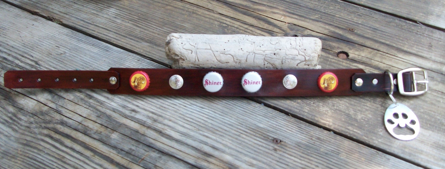 Texas Shiner Bock Beer Cap Leather dog collar with paw shaped bottle opener and Silver Conchos. Any Color. Custom.