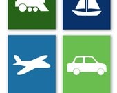 SALE - Transportation Collection Printable Art Set in Blues & Greens - Four 8" x 10" JPEGs - Train, Boat, Car, Plane - Instant Download