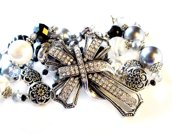 Silver black long beaded necklace silver cross indigo grey white handmade