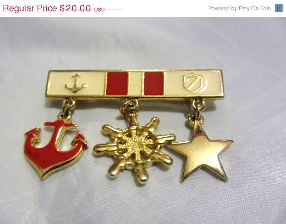 Red Cream Enamel Anchor Brooch 1960s Vintage Jewelry
