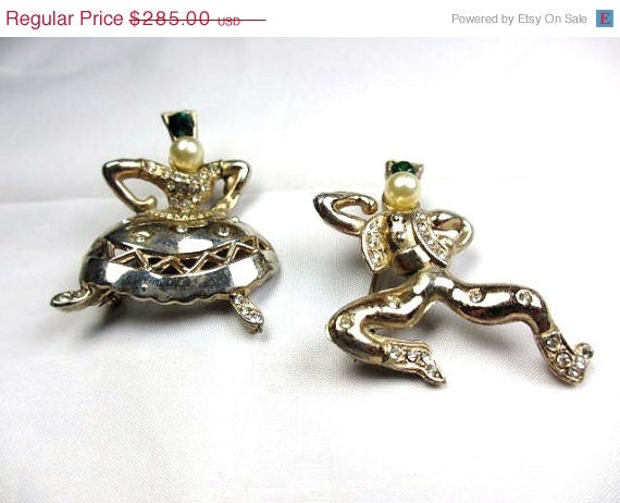 Unsigned Trifari Vermeil Sterling Silver Brooches Tasha and Sasha
