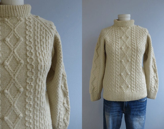 Vintage Handknit Wool Fisherman Sweater / 1960s Cream Knit Cable Pullover