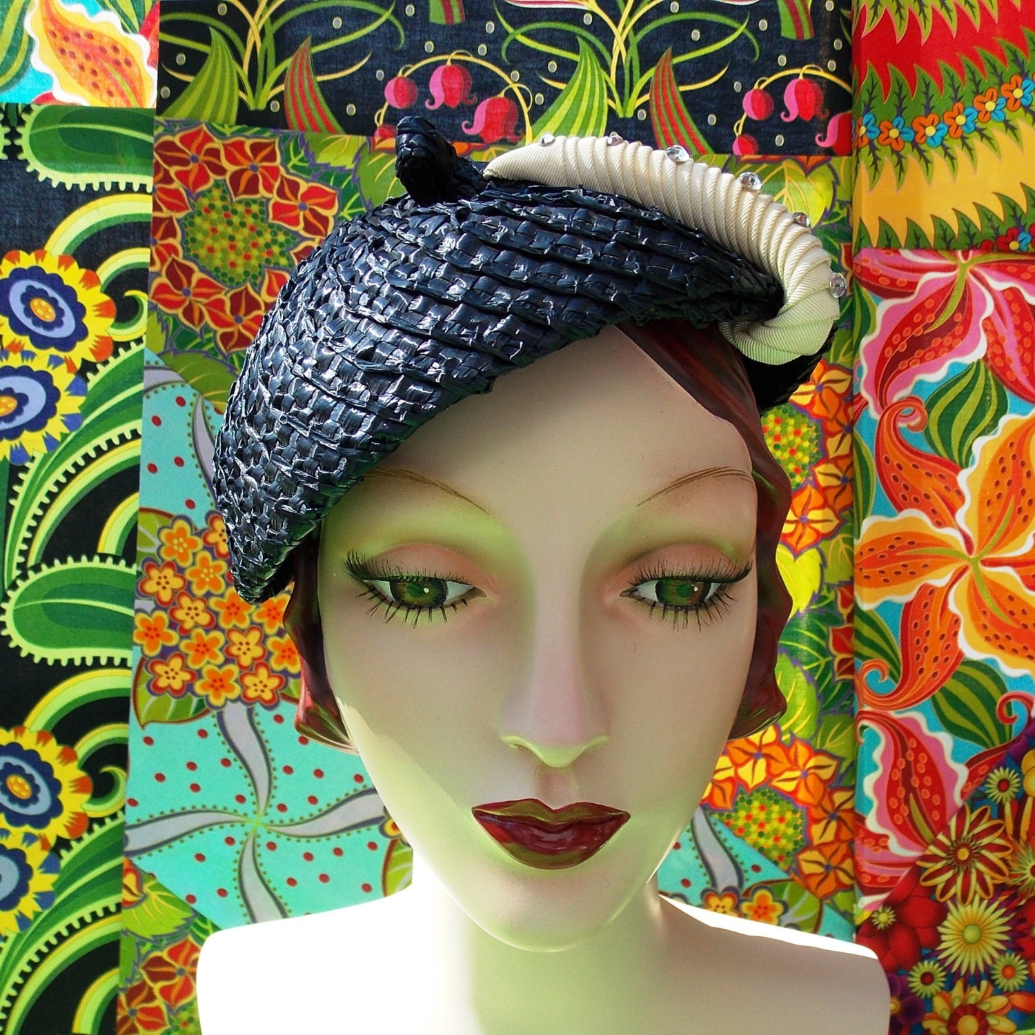 Vintage 1940's Navy Blue Straw Tipster Hat Coarsely Woven Spiral Weave Military Helmet Style White Ribbon Rhinestone Accent