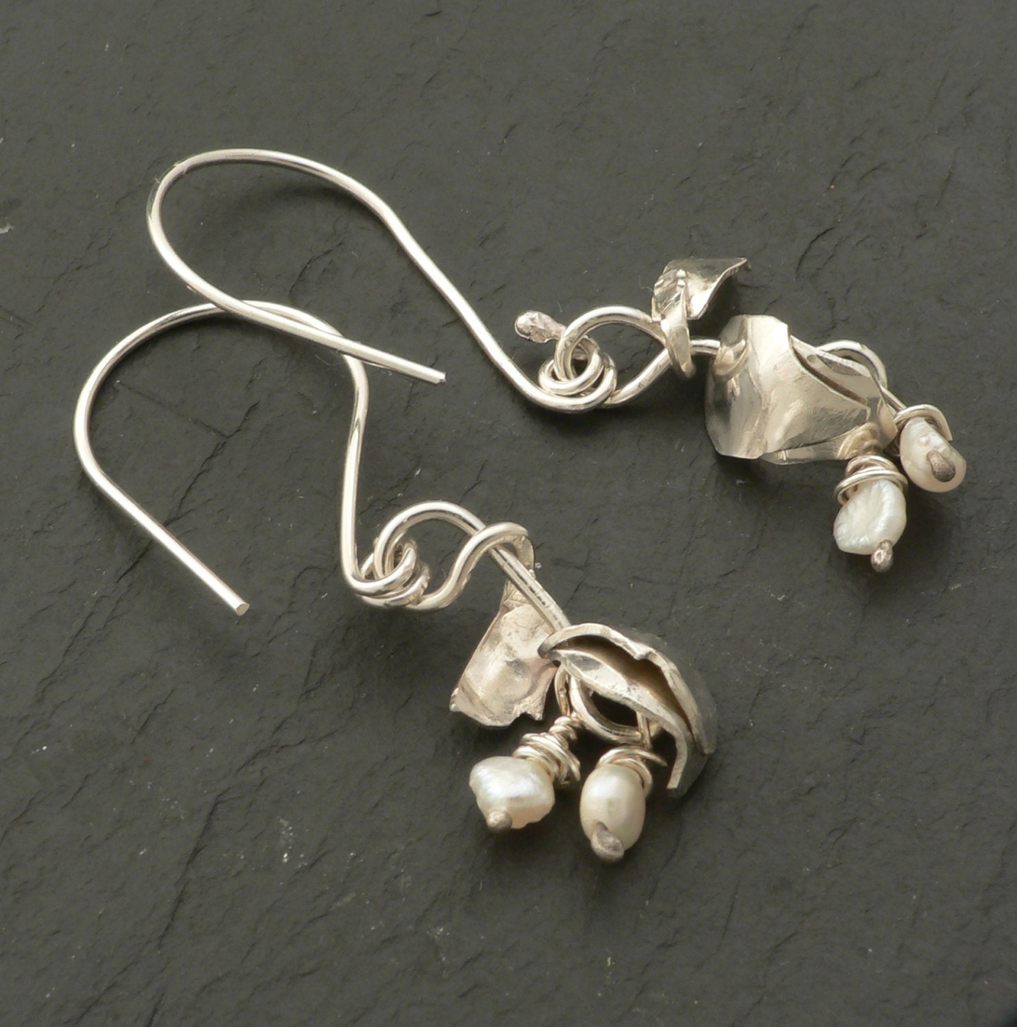 Pearl and Sterling Silver Unfolding Seed Pod Earrings