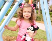 Minnie Mouse inspired Ear Hair Clips - Black Sequin Fabric with Hot Pink and White Polka Dotted Bows - Headband also included