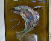 Hand Painted Fish Salmon Trout Brown Glass Wine Bottle Cheese Tray/Platter