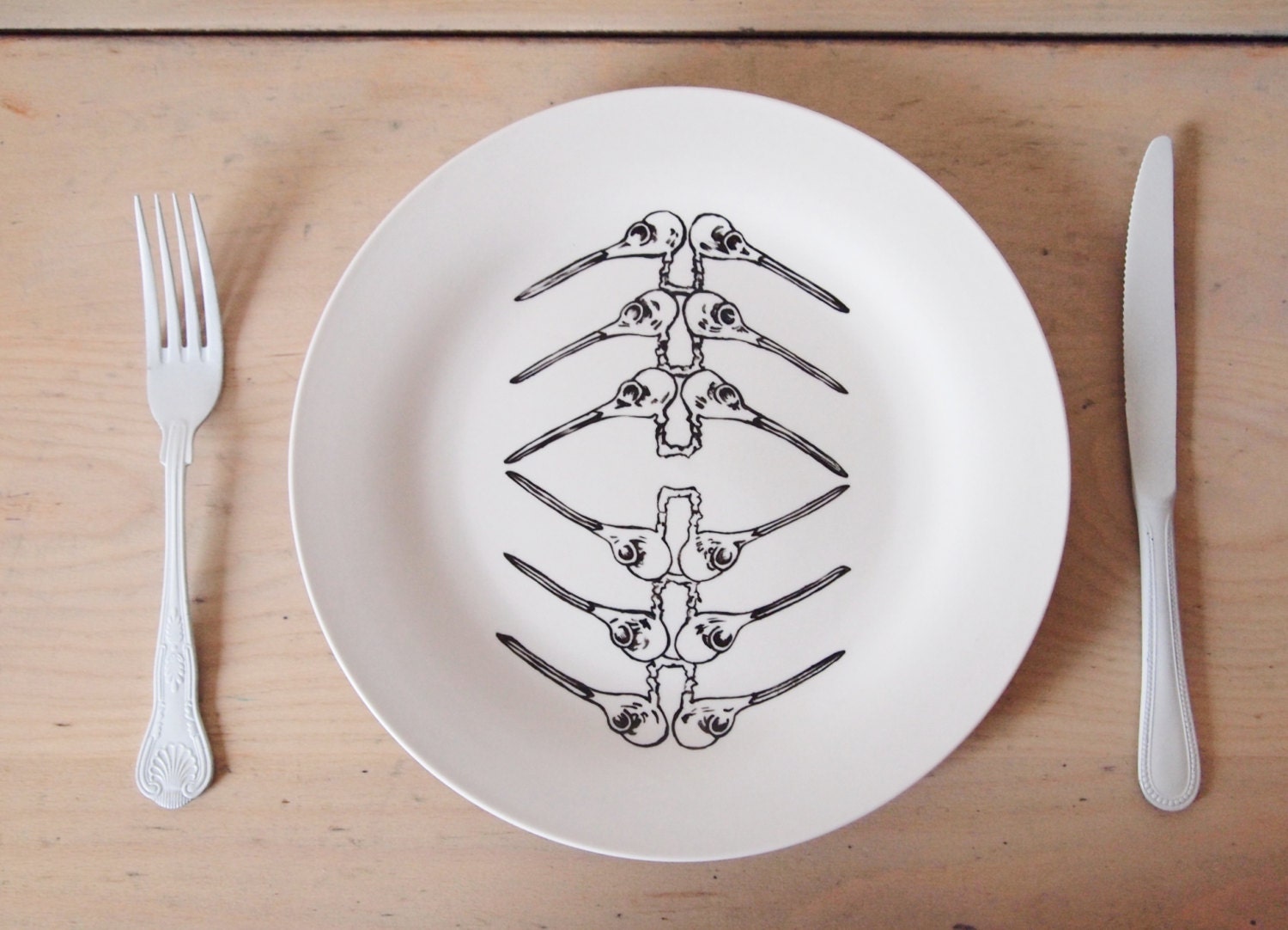 Illustrated Skull Plate - black and white hummingbird skull plate, chevron repeated pattern, decorative plate