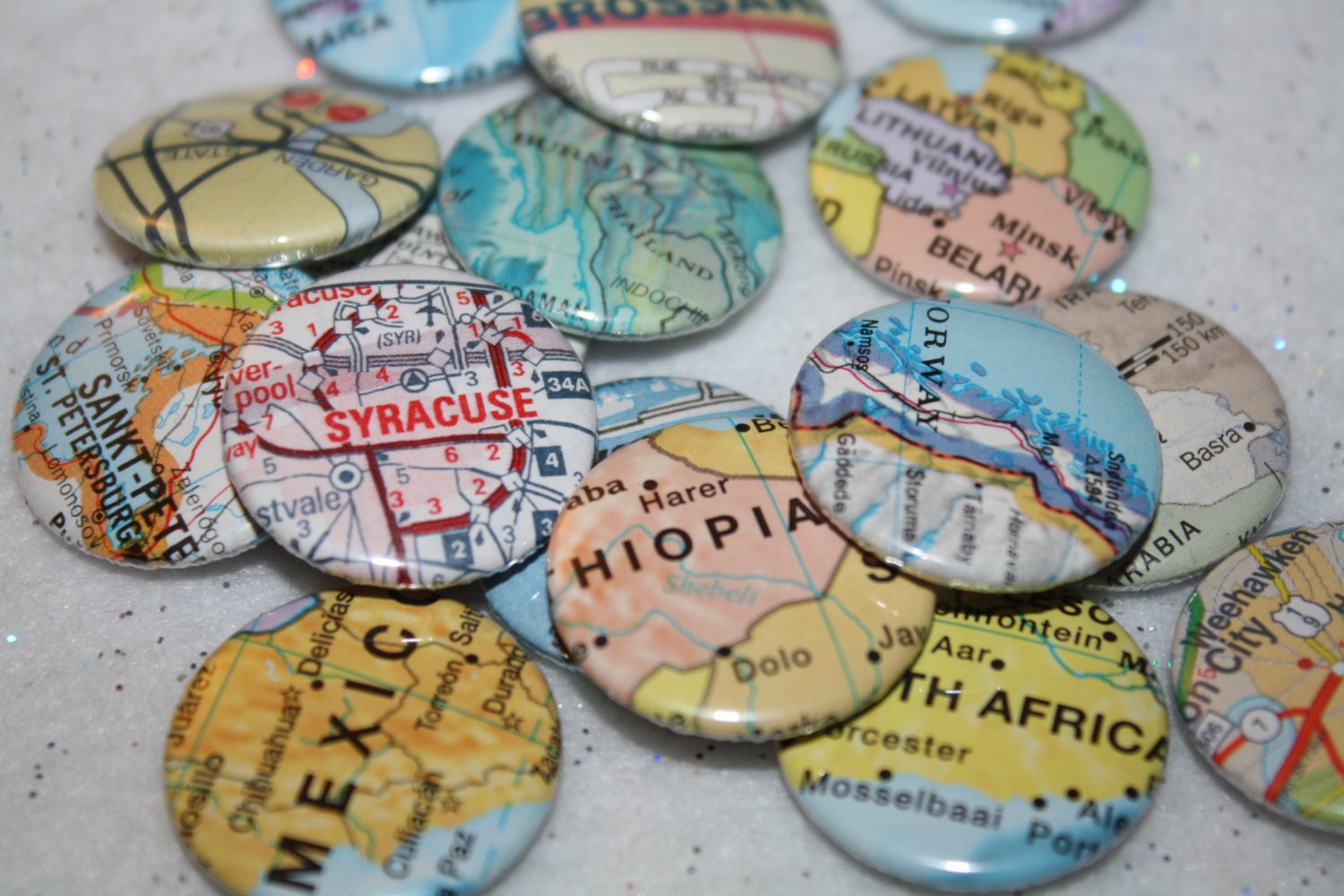 TWO CUSTOM LOCATIONS Set 1" Map Pinback Buttons - Pick Your Own Location