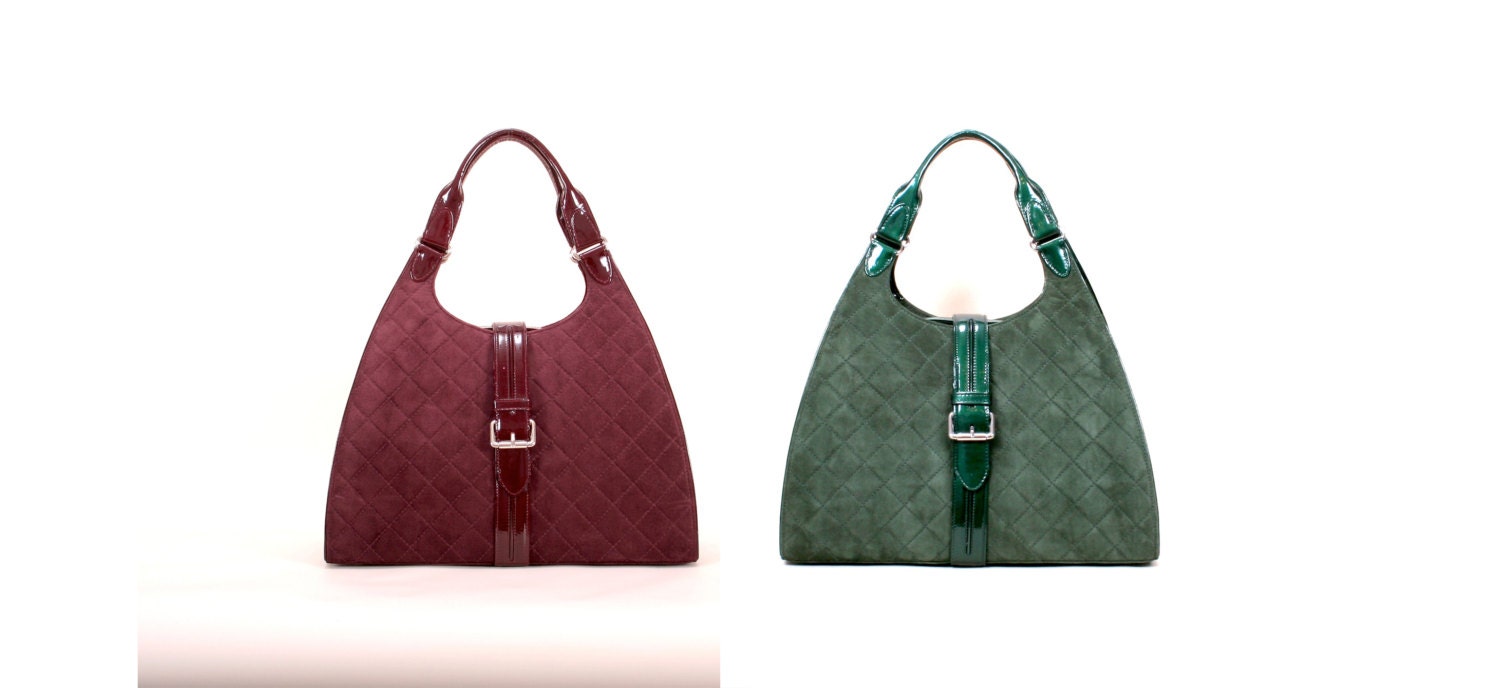 ANNA // leather shoulder bag, in burgundy/green - hand-quilted, suede (italian calf leather) - FREE SHIPPING