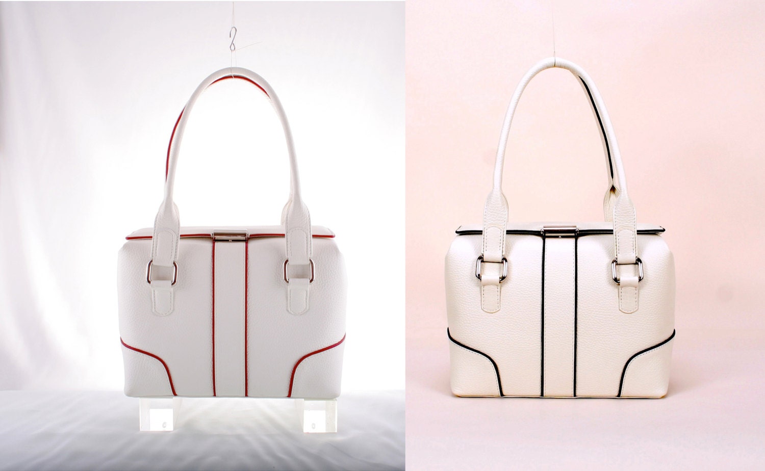 BORBALA //  leather top handles, in off-white (with red/blue) (italian calf leather) - FREE AHIPPING