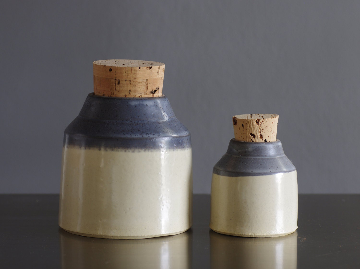 SALE ceramic bottles. pottery containers. cream and navy corked jars. rustic folk modern minimal pottery