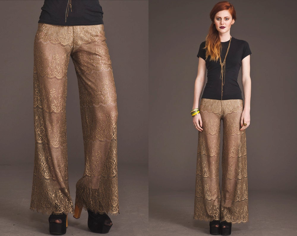 Vintage Sheer SCALLOP CROCHET Lace Pants // Gold Metallic // Trousers