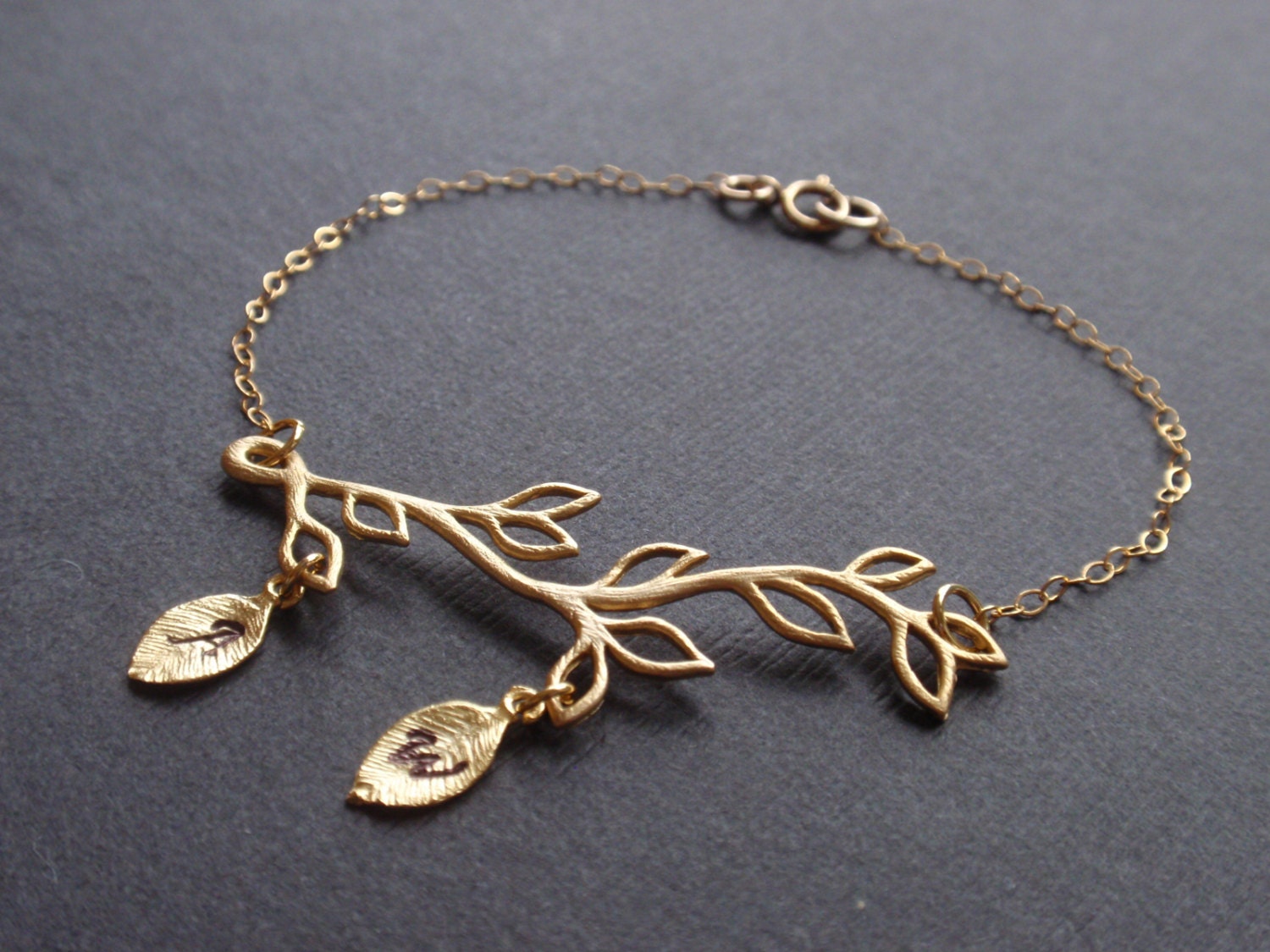 Personalized Initial Two Leaf, Branch pendant bracelet - 14K gold filled bracelet