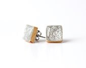 Silver glitter square studs post earrings wood earrings minimalist jewelry eco fashion eco friendly unique gift for her