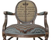 FREE SHIPPING French Louis XVII Arm Chair Aqua Royal Crown Metallic Rustic Modern Chic