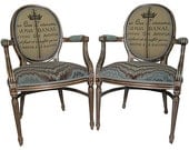 FREE SHIPPING Royal French Louis XVII. Arm Chairs Rustic Distressed Chic Aqua Ikat