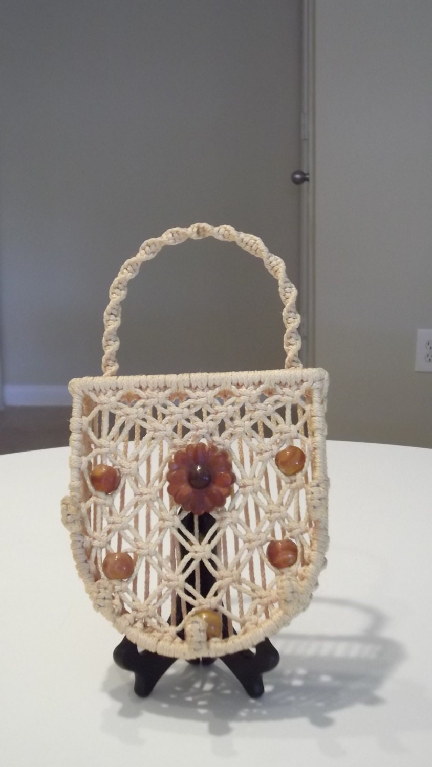 Vintage 70s Macrame' Wall Pocket With Hooks