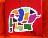 Acrylic painting on 5x5 wooden block Bennie the bad luck elephant 