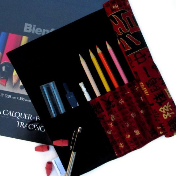 Pencil Roll, Art Organizer Roll-Up, Asian, Red and Black