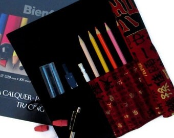 Pencil Roll, Art Organizer Roll-Up, Asian, Red and Black