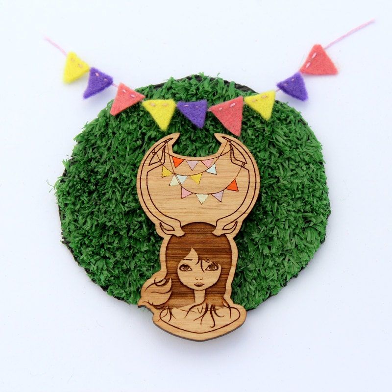 Wood laser cut brooch - Antler girl with bunting - Art series brooch - handpainted