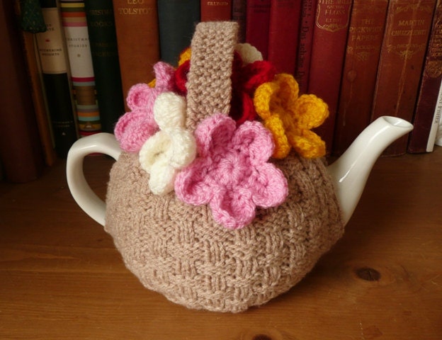 Knitted basket tea cosy