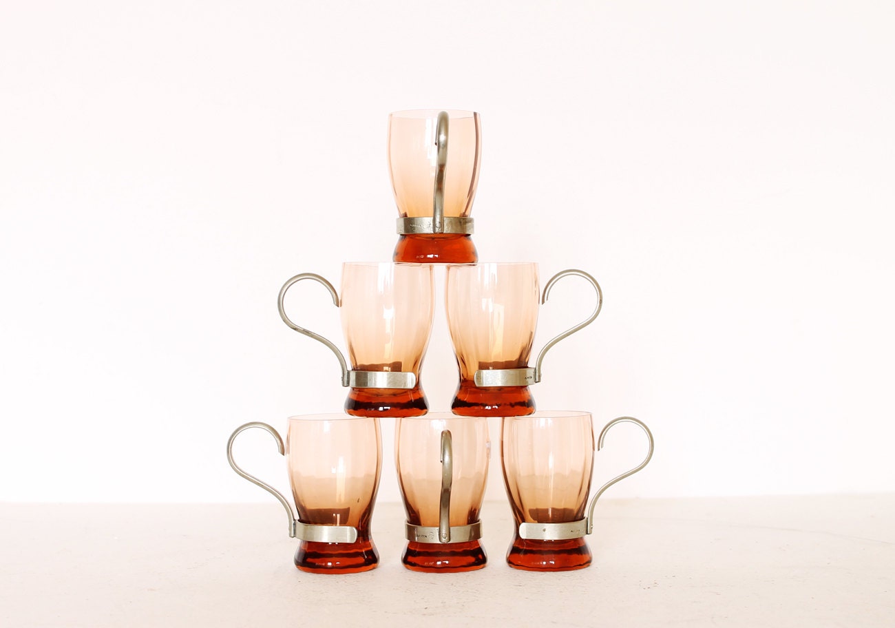 Vintage set of six peach coffe cups with alpacca handles